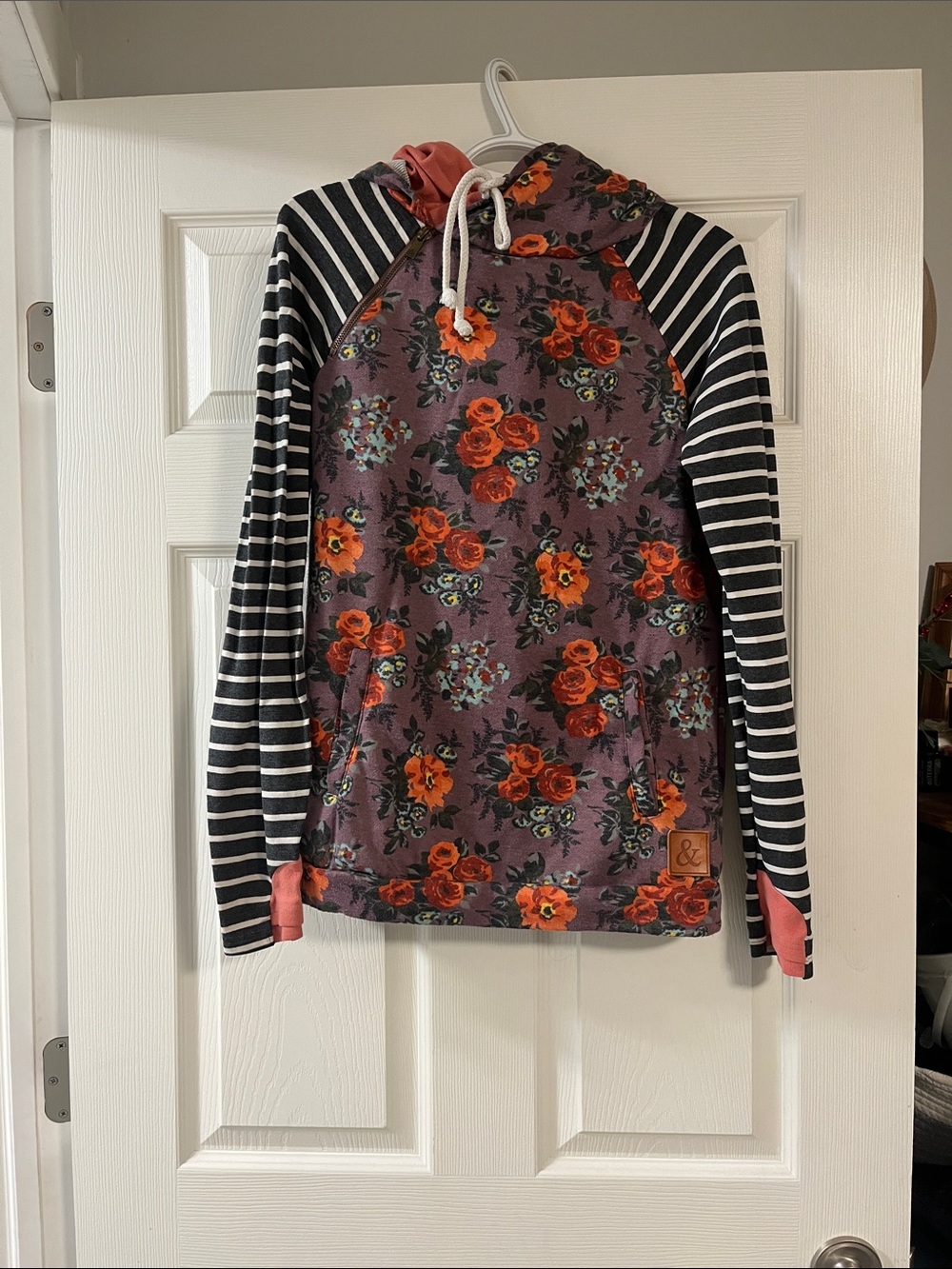 Floral & Striped Hooded Pullover - Purple with Orange Flowers